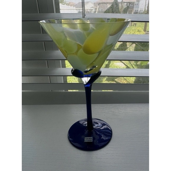 Hand Made In Romania Art Glass Martini Glass 7.5" Yellow Blue Swirl Stem - Picture 2 of 10